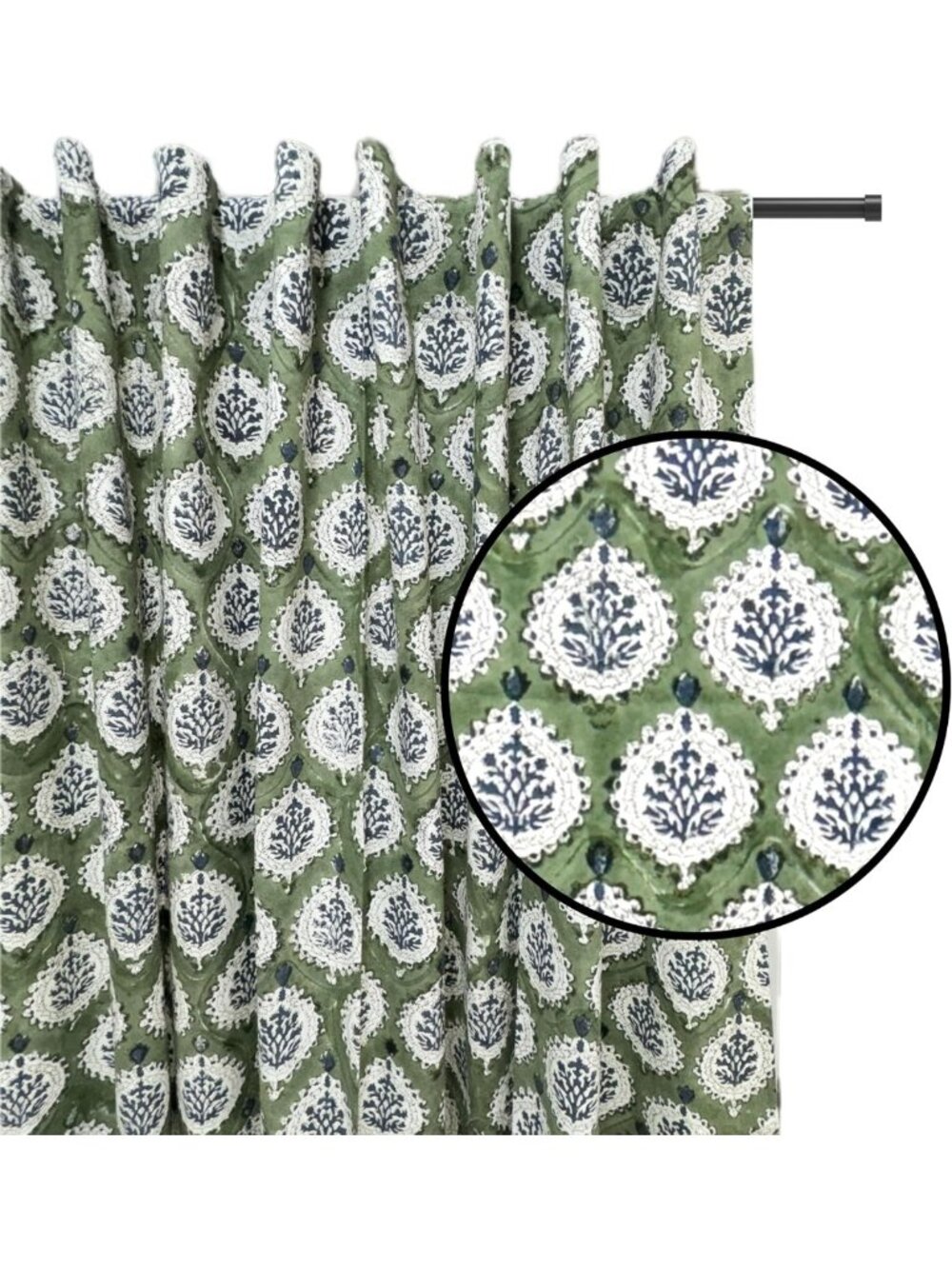 100% Cotton Floral Block Print Curtain - Easy Hanging, Light Filtering, Boho